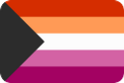 A black triangle on the left side, on top of 5 horizontal stripes, fading from a vibrant orange, to white, to a deep pink