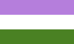 A rectangular flag with three equal width horizontal stripes: purple, white, green