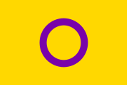 A bright yellow flag with a purple ring in the center.