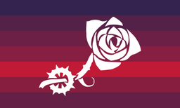 Rectangular flag with seven equal-width horizontal stripes: Russian Violet, Wine Iris, Pansy Purple, Violet-red, Crimson Glory, Violet-red, Pansy Purple. The symbol in the middle is white, and has a mixture of the Toreador Rose from Vampire the masquerade with the Thorns of the Anarch symbol from the same game around its stem.