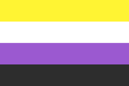 A flag with four horizontal stripes, from top to bottom: yellow, white, purple, and black.