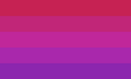 A flag with five stripes. From top to bottom they are: dark pink, a slightly lighter pink, pink-purple, light purple, purple.