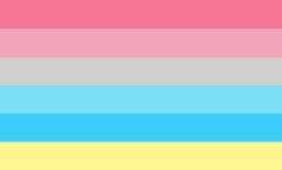 A flag with six stripes. From top to bottom they are: pink, light pink, grey, light blue, blue, yellow.