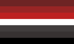 Rectangular flag with seven equal-width horizontal stripes: Red gradient of three, white, black & grey gradient of three.