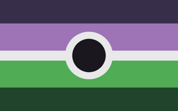 Five horizontal stripes: purple at the top, with a lighter purple below it, then a thin white stripe, then light green, then dark green. At the center, there is a black circle with a white border.