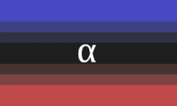 A rectangular flag with three equal-width horizontal stripes, creating a gradient from blue on top, to black in the middle, to red on the bottom. In the centre, there is a greek “alpha” symbol.