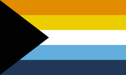 A flag with five stripes. From top to bottom they are: orange, yellow, white, light blue, dark blue. A black equilateral triangle extends from the left side of the flag.