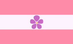 A rectangular flag with three equal width horizontal stripes: pink, white, pink. There is a purple flower in the center of the white stripe