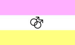 Flag with 3 stripes: Pink, white, pastel yellow. In the center stripe is a black interlocking mars symbol.