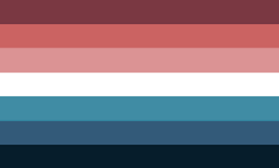 A rectangular flag with seven equal width horizontal stripes: dusty dark red, red, light red, white, blue, dusty dark blue, dark blue