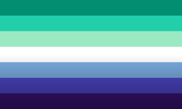 7 horizontal stripes in the following colours, from top to bottom: dark green, green, light green, white, light blue, blue, and dark blue.
