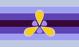 Flower-like crest with 6 petals, 3 yellow and large, 3 purple and smaller, on a background of 7 horizontal lines: very light purple, light purple, purple, dark purple, purple, light purple, very light purple.