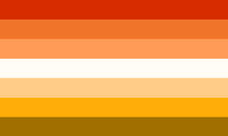 A flag with seven stripes. From top to bottom they are: red, red orange, light orange, white, beige, orange, brown.