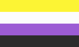 A flag with four stripes. From top to bottom they are: yellow, white, purple, black.
