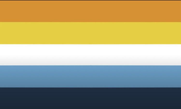 Five horizontal stripes, from top to bottom, in orange, yellow, white, light blue, and blue