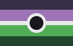Five horizontal stripes, with the middle being the thinnest and the two directly before and after the middle being the thickest, in the following colours: dark purple, purple, white, green, dark green. There is a black circle with white border in the middle.