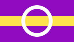 A flag with three stripes and a white ring in the center. The center stripe is a third of the width of the outer stripes. From top to bottom they are: purple, yellow, purple.