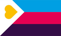 a white triangle on the left with a yellow heart in it. the rest is three stripes, light blue, hot pink, and dark purple