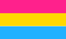 A flag with three stripes. From top to bottom they are: pink, yellow, blue.