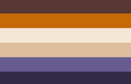 When you are a catboy, ie. nekomimi or various other forms.
Rectangular flag with six equal-width horizontal stripes: brown, desaturated orange, pale cream, cream, navy and purple.
