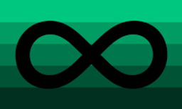 A rectangular flag with five equal width horizontal stripes, creating a gradient from green on top, to dark green on the bottom. In the centre is a black infinity symbol.
