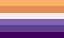 A pride flag made of 6 horizontal stripes: soft orange, burnt orange, a very pale grey, periwinkle, purple, and a deep purple.